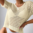 Women Hollow Out Cutout Neckline Button Loose Pullover Short Sleeve Woven Sexy Beach Blouse Crochet hook Bella Mia