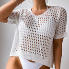 Women Hollow Out Cutout Neckline Button Loose Pullover Short Sleeve Woven Sexy Beach Blouse Crochet hook Bella Mia