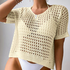 Women Hollow Out Cutout Neckline Button Loose Pullover Short Sleeve Woven Sexy Beach Blouse Crochet hook Bella Mia