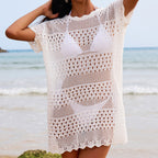 Sexy Hollow Out Cutout Texture Lace Collar Loose Pullover Mid Length Vacation Sun Protection Beach Blouse Crochet hook Bella Mia