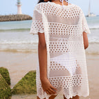 Sexy Hollow Out Cutout Texture Lace Collar Loose Pullover Mid Length Vacation Sun Protection Beach Blouse Crochet hook Bella Mia