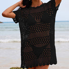 Sexy Hollow Out Cutout Texture Lace Collar Loose Pullover Mid Length Vacation Sun Protection Beach Blouse Crochet hook Bella Mia