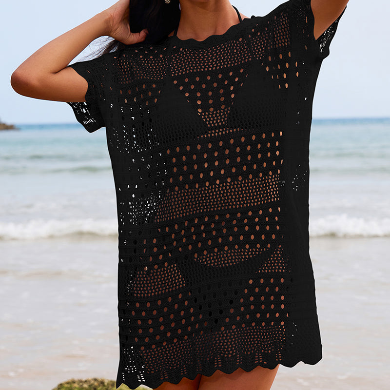 Sexy Hollow Out Cutout Texture Lace Collar Loose Pullover Mid Length Vacation Sun Protection Beach Blouse Crochet hook Bella Mia