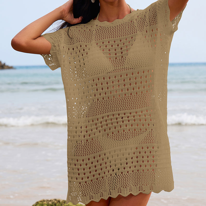 Sexy Hollow Out Cutout Texture Lace Collar Loose Pullover Mid Length Vacation Sun Protection Beach Blouse Crochet hook Bella Mia