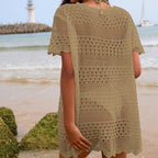 Sexy Hollow Out Cutout Texture Lace Collar Loose Pullover Mid Length Vacation Sun Protection Beach Blouse Crochet hook Bella Mia