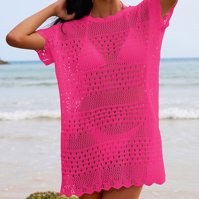 Sexy Hollow Out Cutout Texture Lace Collar Loose Pullover Mid Length Vacation Sun Protection Beach Blouse Crochet hook Bella Mia