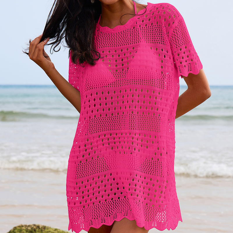Sexy Hollow Out Cutout Texture Lace Collar Loose Pullover Mid Length Vacation Sun Protection Beach Blouse Crochet hook Bella Mia