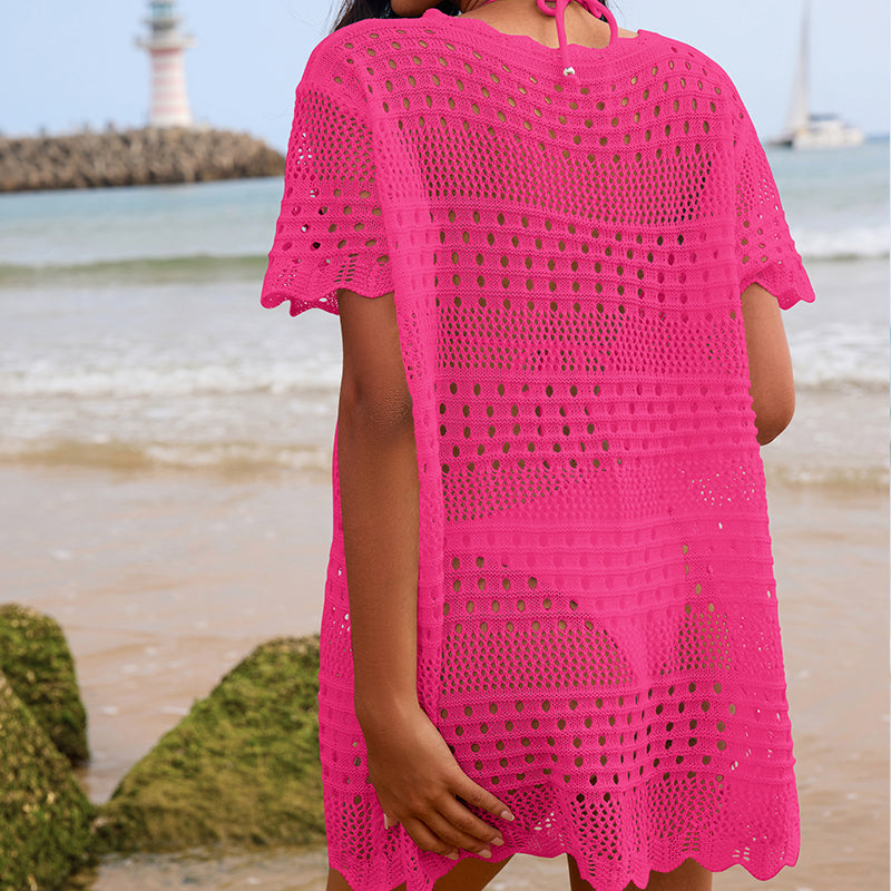 Sexy Hollow Out Cutout Texture Lace Collar Loose Pullover Mid Length Vacation Sun Protection Beach Blouse Crochet hook Bella Mia