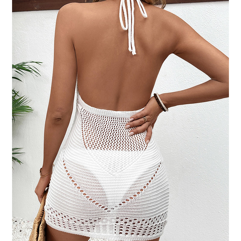 Halter Lace Up Hollow Out Cutout Out Texture Sexy Big Backless Deep U Neck Beach Dress Crochet hook Bella Mia