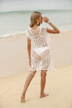 Beach Blouse Seaside Swimming Party Bikini Swimsuit Solid Color Hollow Out Cutout Tassel Sun Protection Shirt Bella Mia