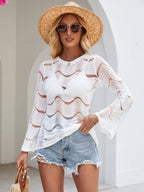 Summer Beach Cover-up round Neck Long Sleeve Blouse Woven Thin Striped Sun Protection Shirt Bella Mia