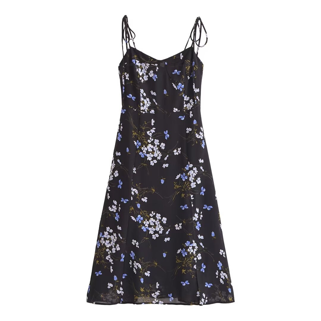 Spring Women Floral Print Vacation Sexy Slit Tied Spaghetti Strap Dress
