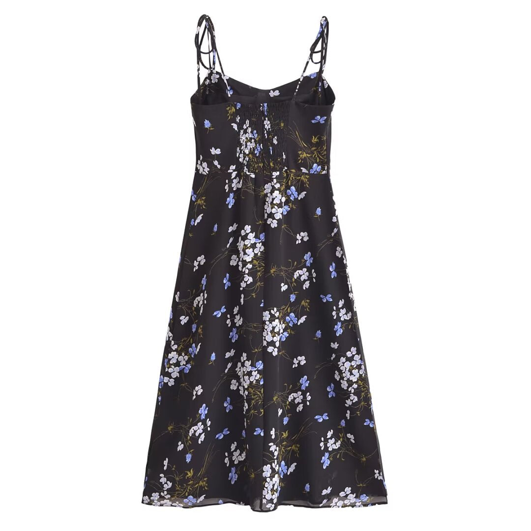 Spring Women Floral Print Vacation Sexy Slit Tied Spaghetti Strap Dress