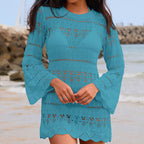 Vacation Sexy Cutout Texture Loose round Neck Flared Sleeves Sunscreen Beach Cover up Crochet hook Bella Mia