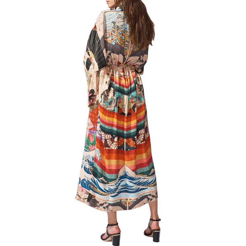 Kimono Quick-Drying Polyester Japanese Print Beach Cover up Vacation Cardigan Beach Cover Up Sun Protection Shirt Bella Mia