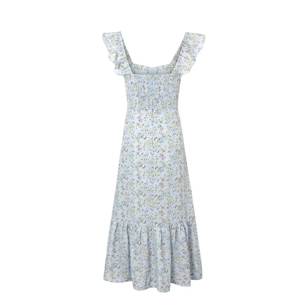 Fresh Sweet Floral Slim Fit Seaside Holiday Midi Dress Square Collar Wooden Ear Sleeveless Vest Dress Women