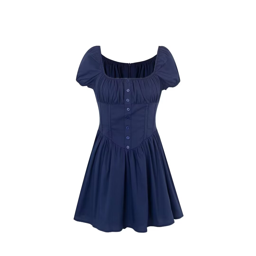 Spring Sexy Square Neck Puff Sleeve Boning Corset Side Stripe Slim Fit Short Dress
