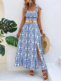 Women Clothing Summer Suspenders Printed Sleeveless Split Maxi Dress