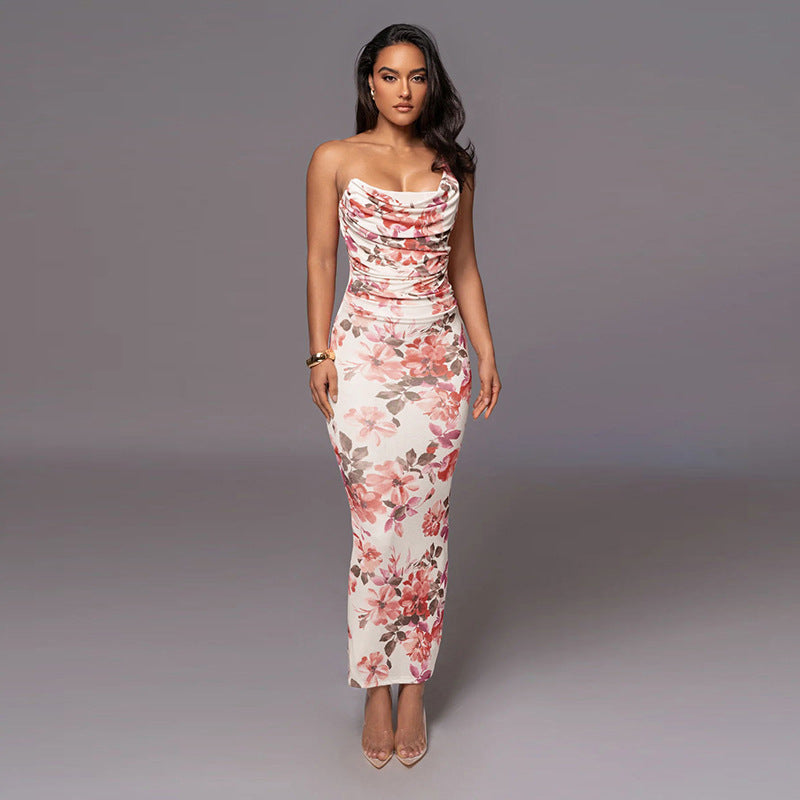 Fashionable Printed Waist One Shoulder Suspender Summer Slim Fit Sheath Dress Bella Mia