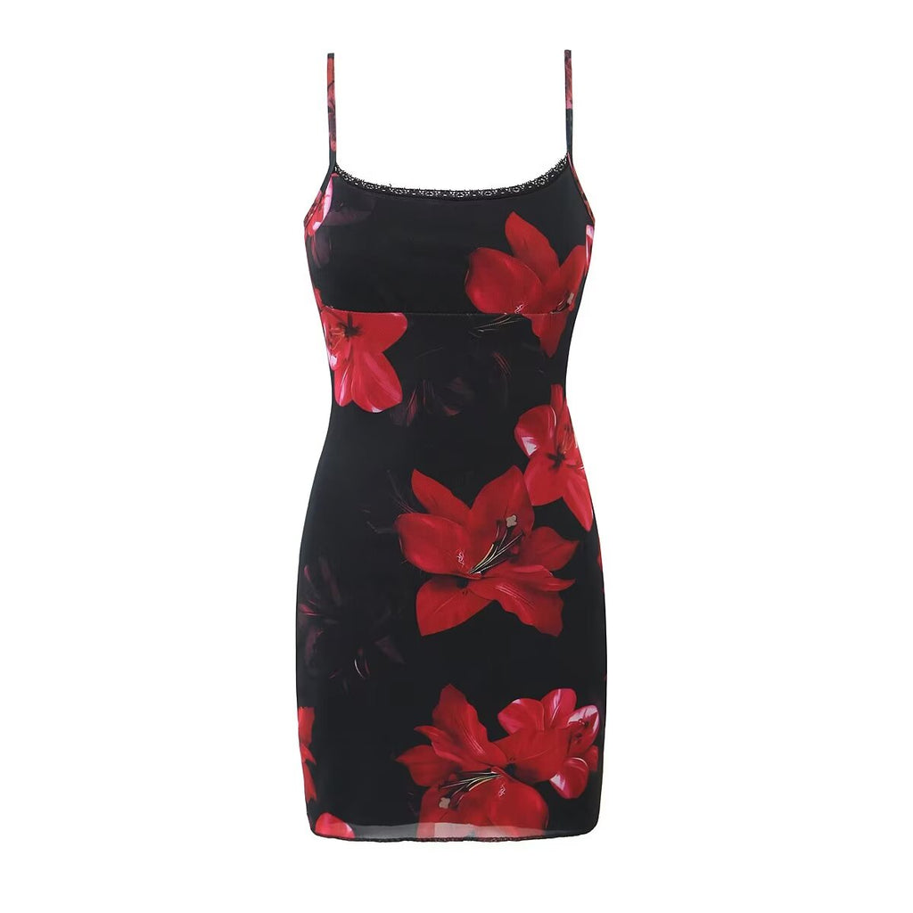 Summer Floral Printed Mesh Lace Strap Slim High Waist Sexy Dress Short for Women Bella Mia