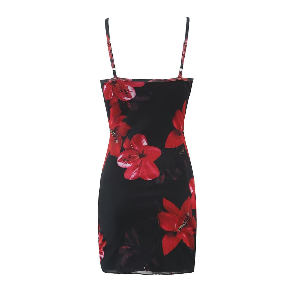 Summer Floral Printed Mesh Lace Strap Slim High Waist Sexy Dress Short for Women Bella Mia