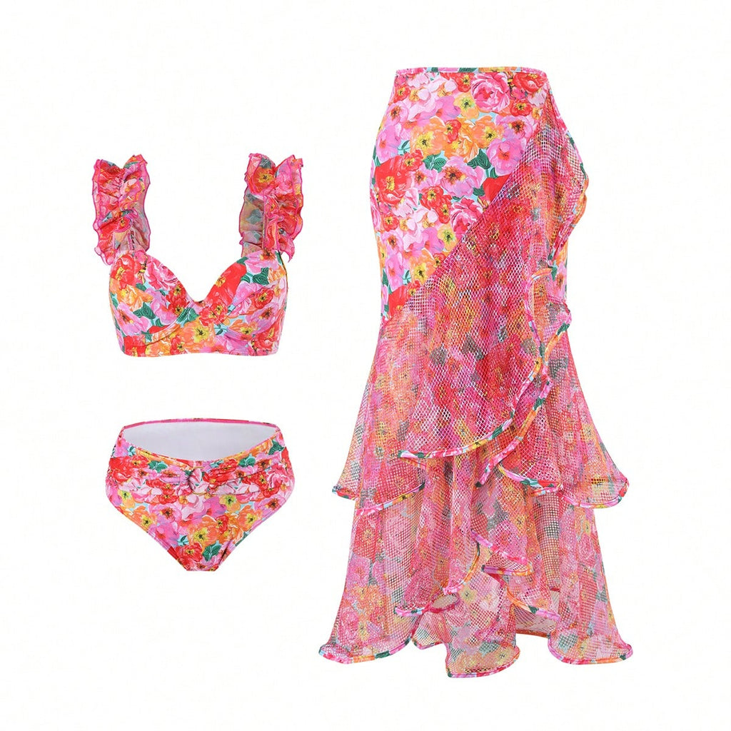 Bikinx Printed Splicing Swimsuit Set With Ruffle Hem And Underwire Bra Cups Including Mermaid Tail Skirt Bella Mia