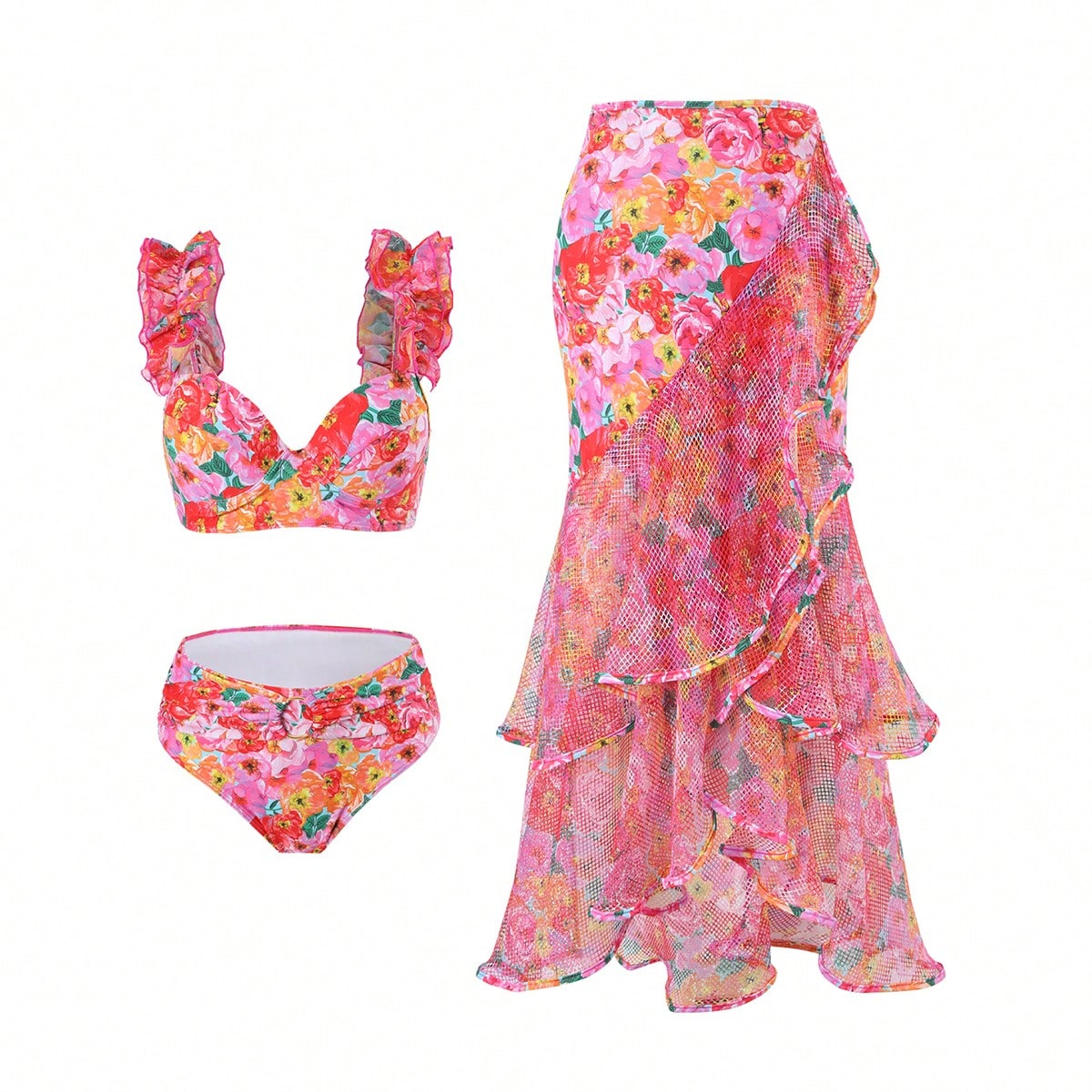 Bikinx Printed Splicing Swimsuit Set With Ruffle Hem And Underwire Bra Cups Including Mermaid Tail Skirt