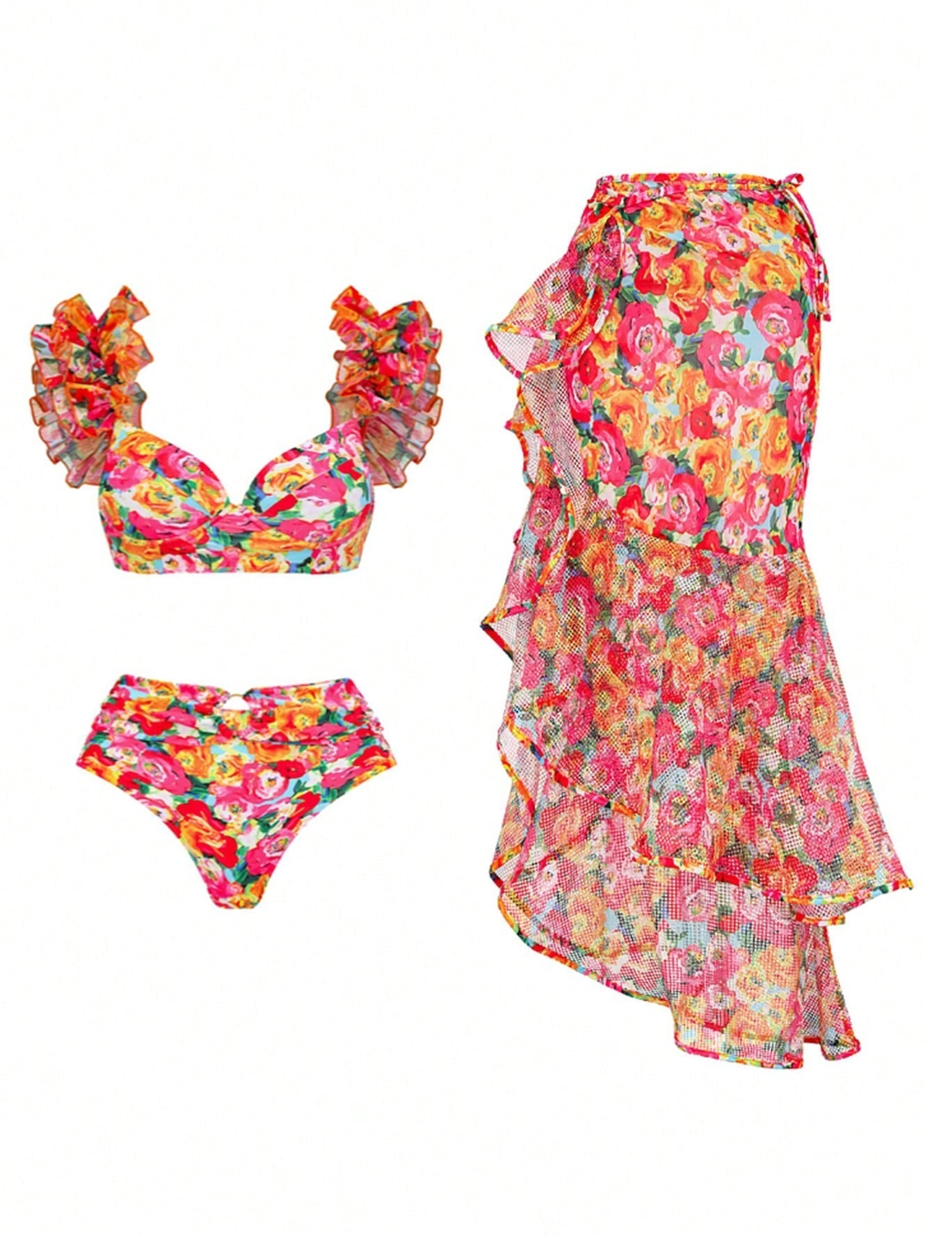 Bikinx Printed Splicing Swimsuit Set With Ruffle Hem And Underwire Bra Cups Including Mermaid Tail Skirt Bella Mia