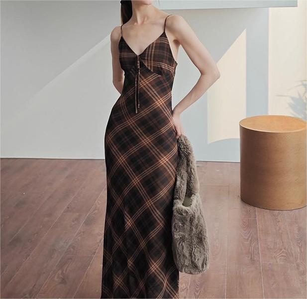 Summer Retro Plaid Sexy Socialite Slim Strap Dress Women Bella Mia