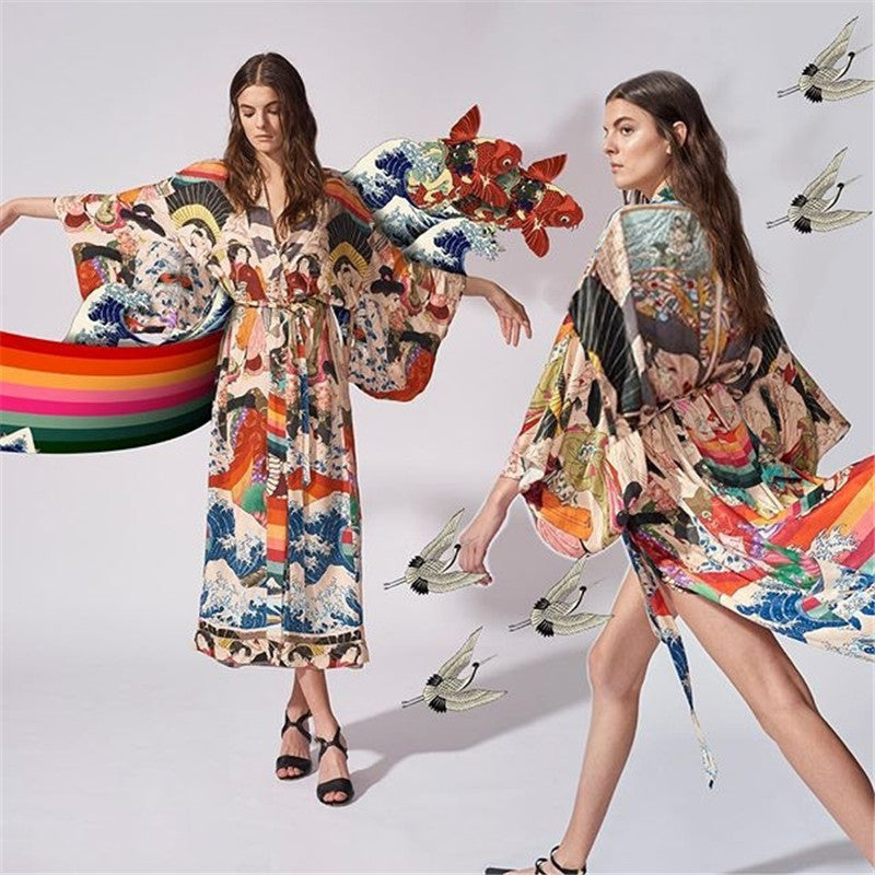 Kimono Quick-Drying Polyester Japanese Print Beach Cover up Vacation Cardigan Beach Cover Up Sun Protection Shirt Bella Mia
