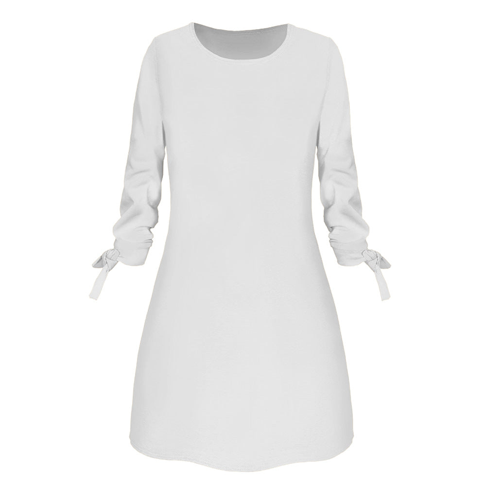 Spring Summer Autumn Solid Color Dress Casual O neck Dress Lace up