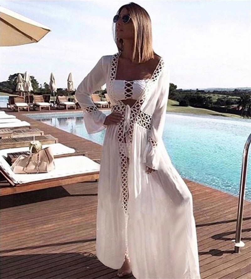 Rayon round Hole Lace Beach Cover up Sexy Cardigan Vacation Sun Protection Shirt Beach Cover Up Bella Mia