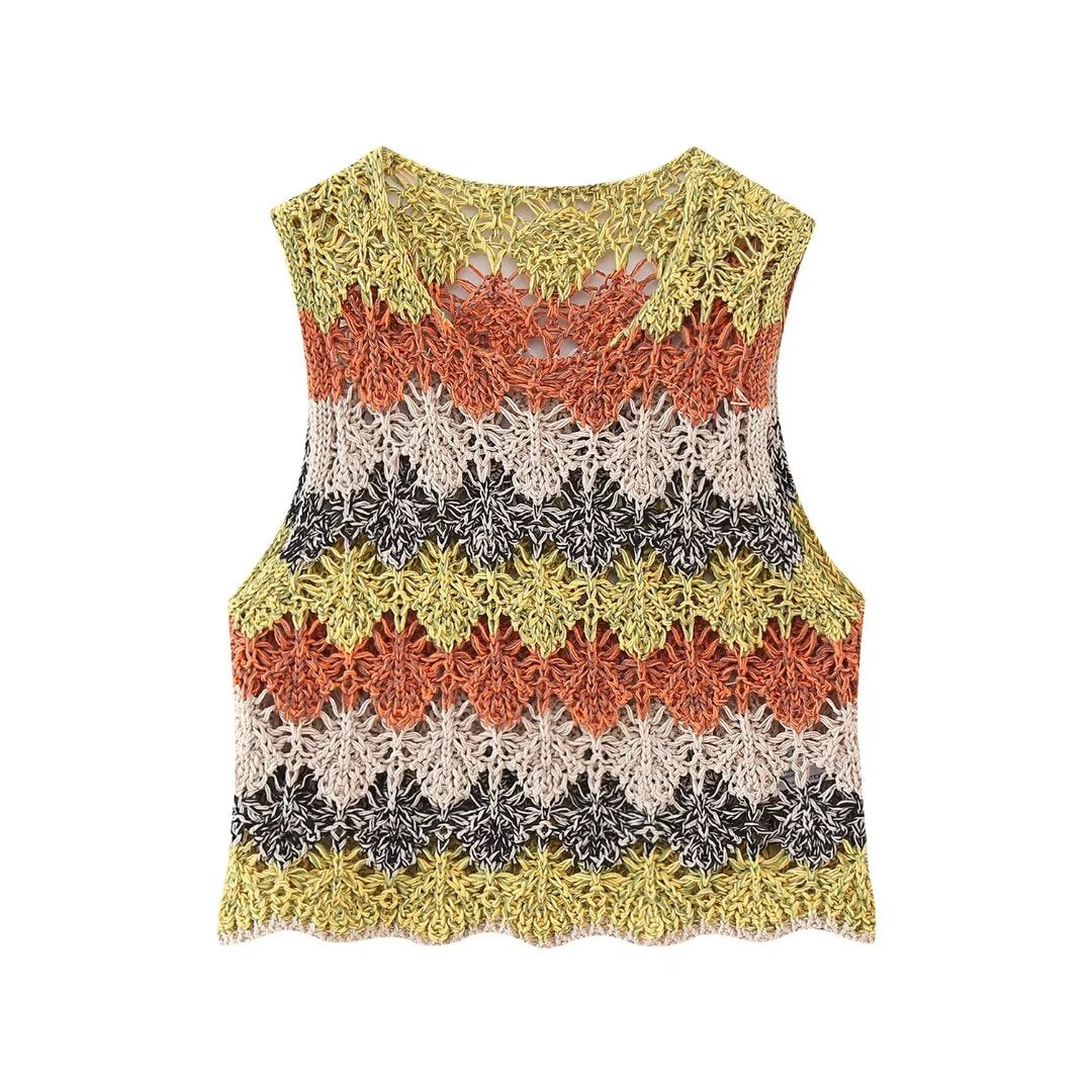 Summer Women Clothing Street Casual Hollow Out Cutout Round Sleeveless Knitwear Bella Mia