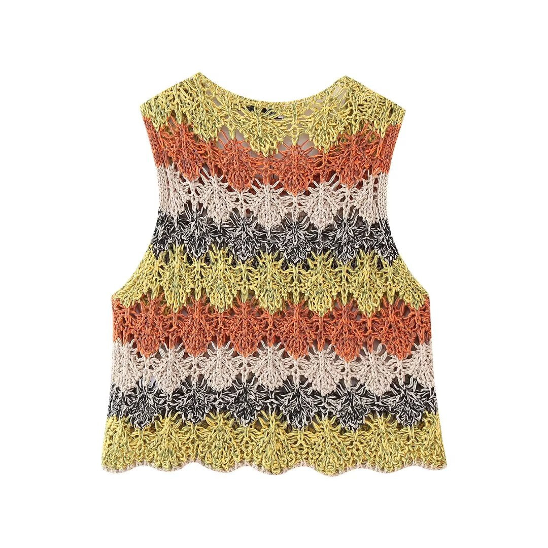 Summer Women Clothing Street Casual Hollow Out Cutout Round Sleeveless Knitwear Bella Mia