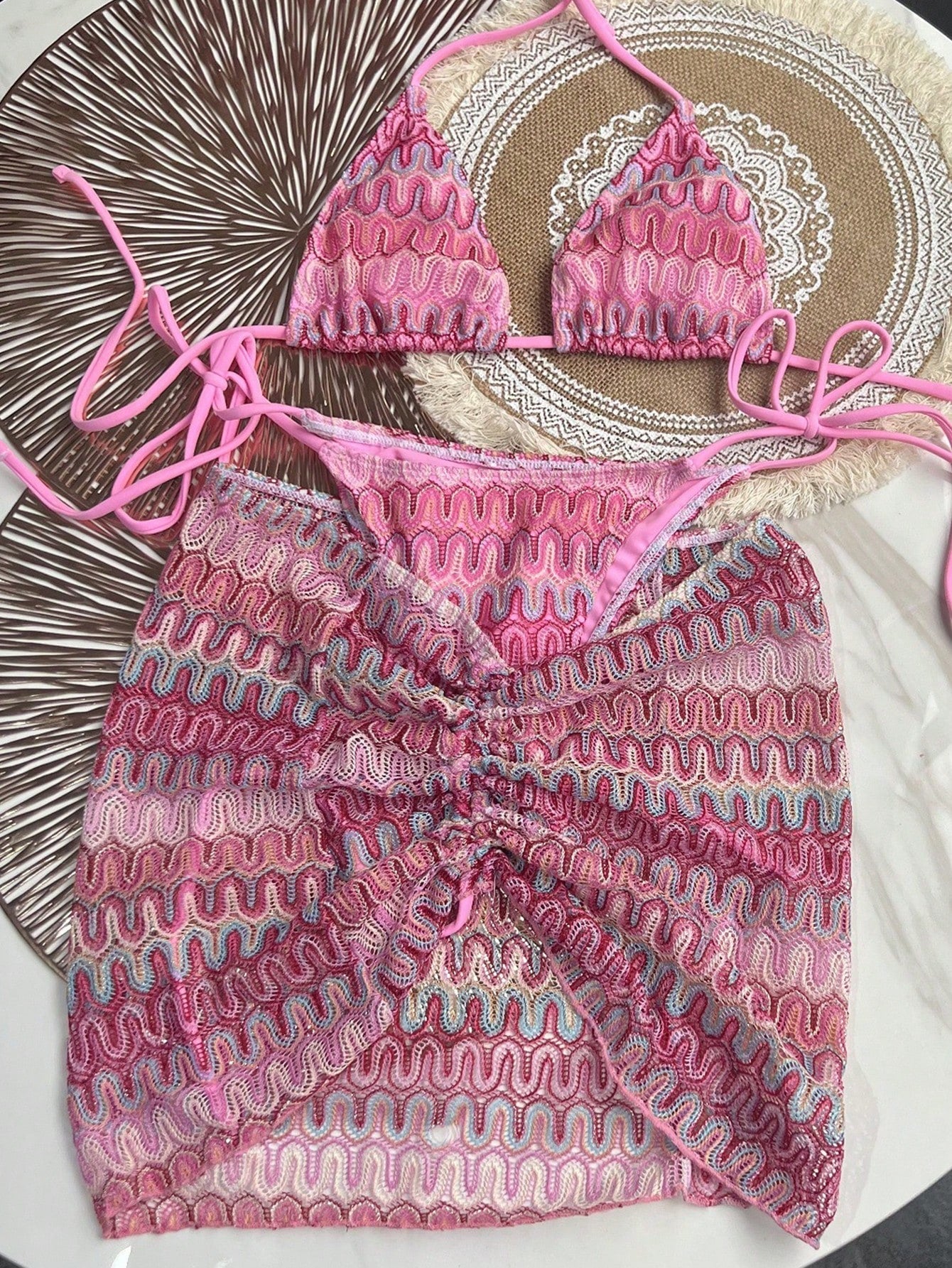 Bikinx Women Summer Beach Wave Pattern Halter Strap Sexy Bikini Set With Cover Up Skirt Bella Mia