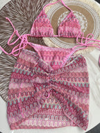 Bikinx Women Summer Beach Wave Pattern Halter Strap Sexy Bikini Set With Cover Up Skirt Bella Mia