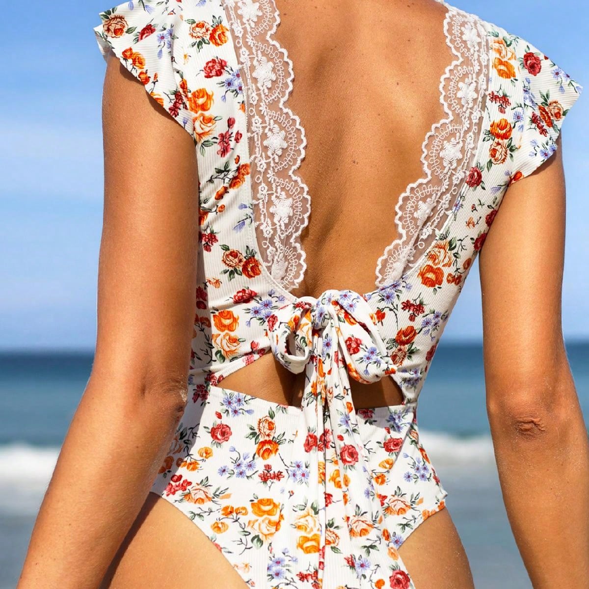 Bikinx Women Floral Printed Halter One Piece Swimsuit With Back Tie And Ruffle Trim Bella Mia