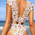 Bikinx Women Floral Printed Halter One Piece Swimsuit With Back Tie And Ruffle Trim Bella Mia