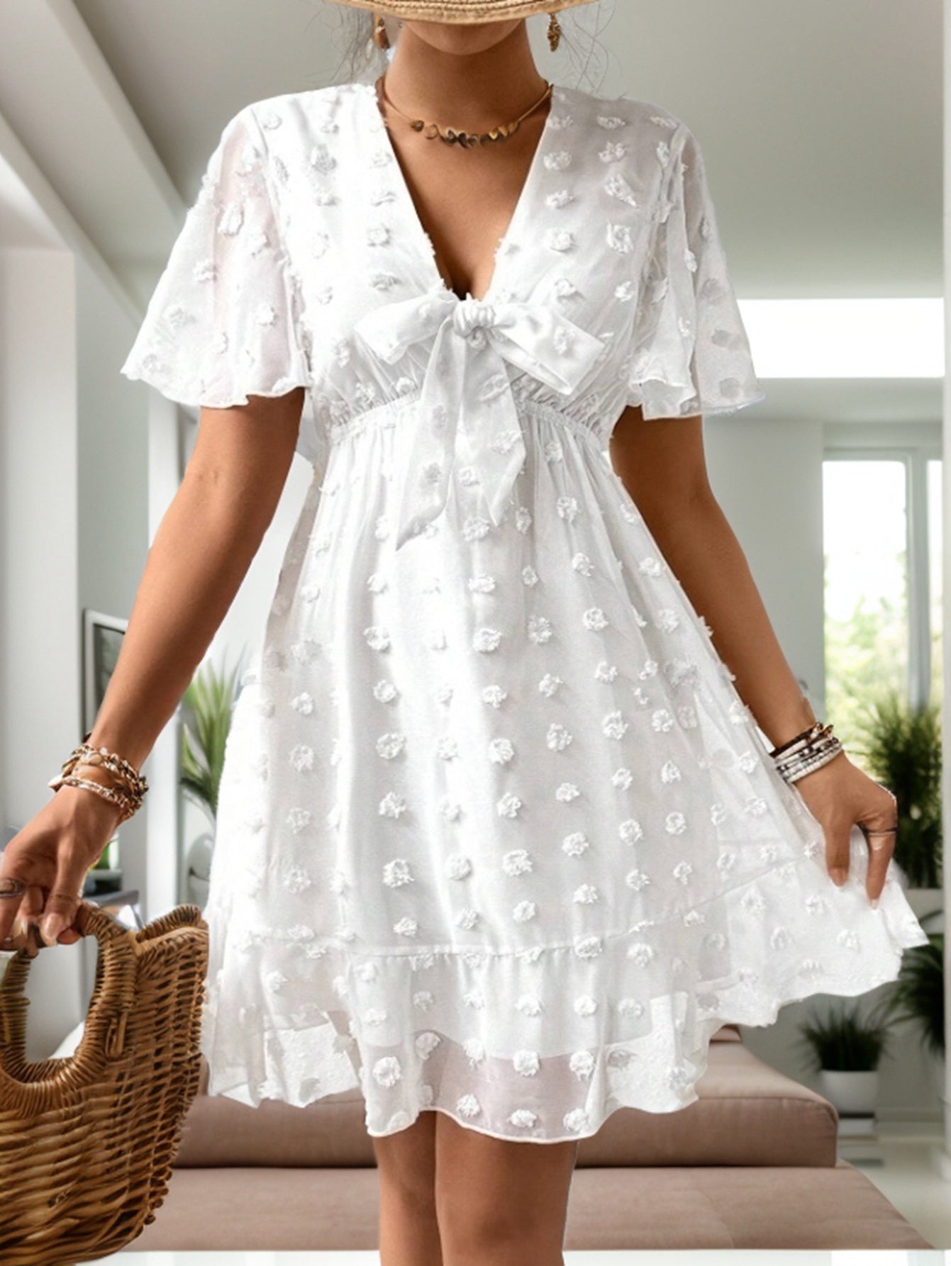 Women Summer V Neck Short Sleeve A Line Dress