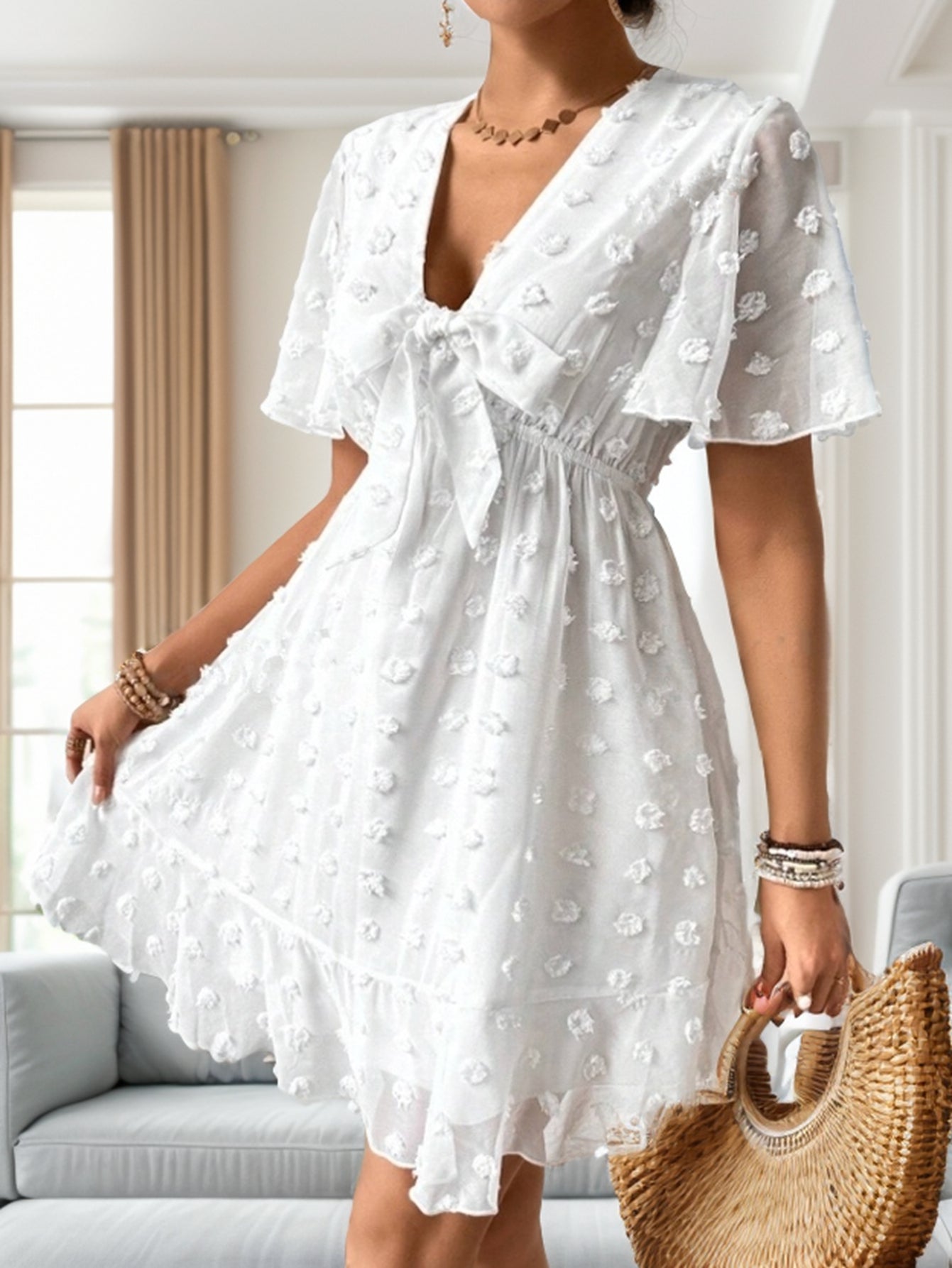 Women Summer V Neck Short Sleeve A Line Dress