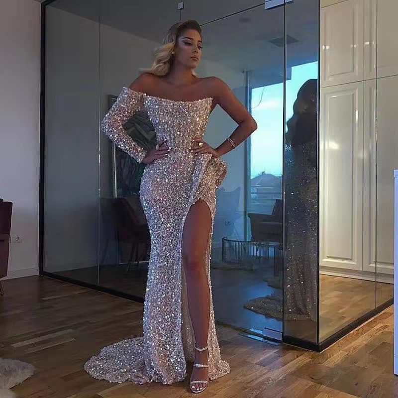Spring Summer Women Clothing Dress Sexy off the Shoulder Mop Sequined Cocktail Evening Dress Bella Mia