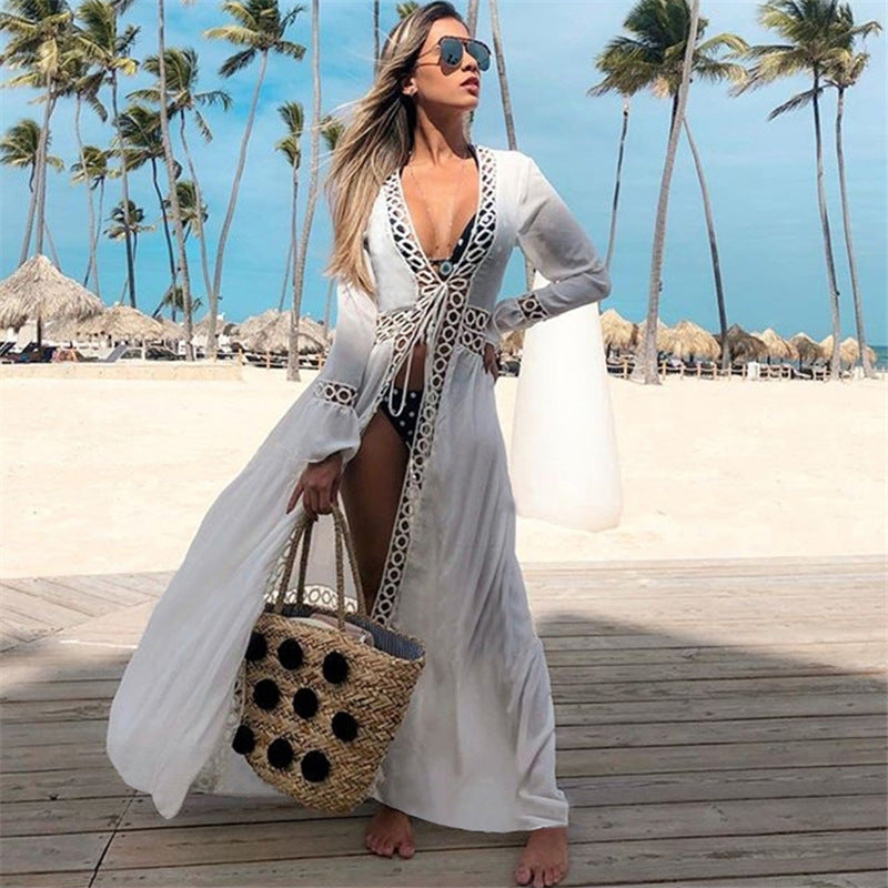 Rayon round Hole Lace Beach Cover up Sexy Cardigan Vacation Sun Protection Shirt Beach Cover Up Bella Mia