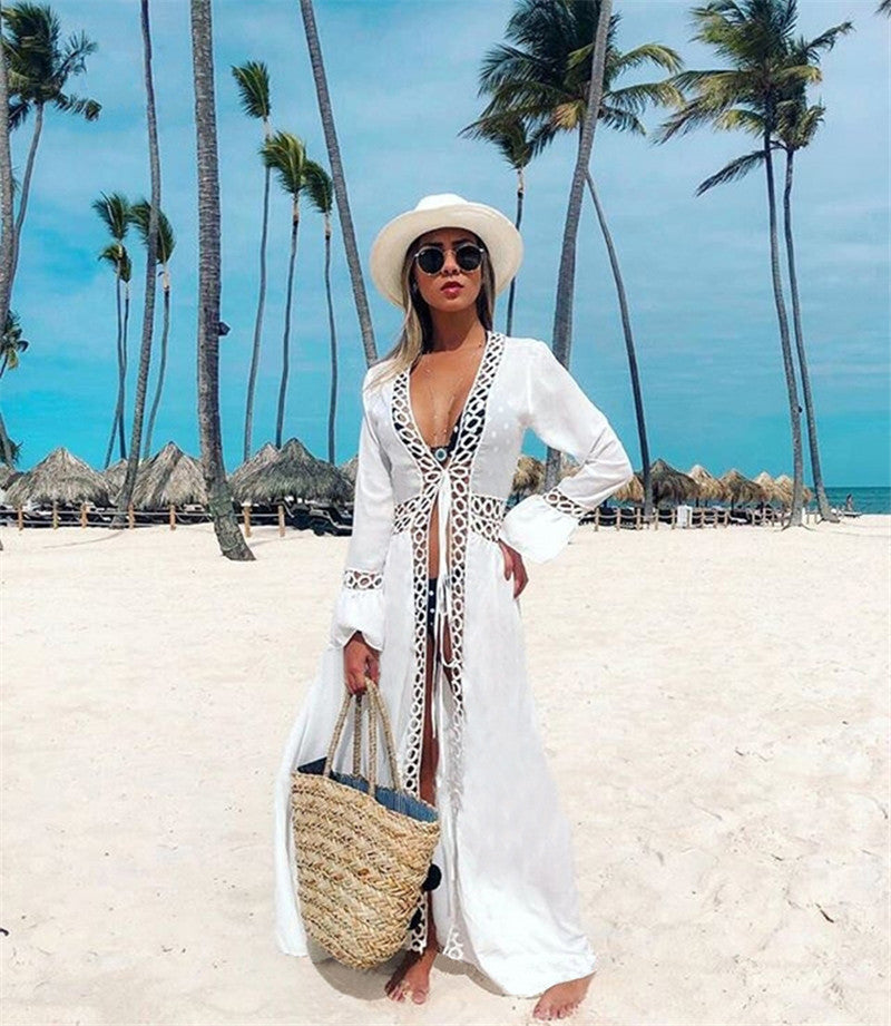 Rayon round Hole Lace Beach Cover up Sexy Cardigan Vacation Sun Protection Shirt Beach Cover Up Bella Mia