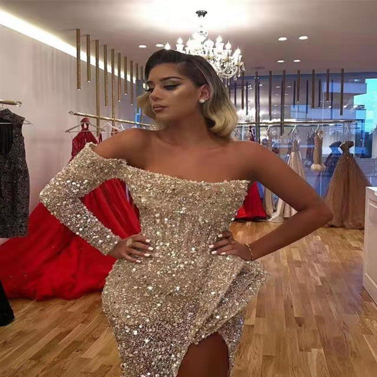 Spring Summer Women Clothing Dress Sexy off the Shoulder Mop Sequined Cocktail Evening Dress Bella Mia