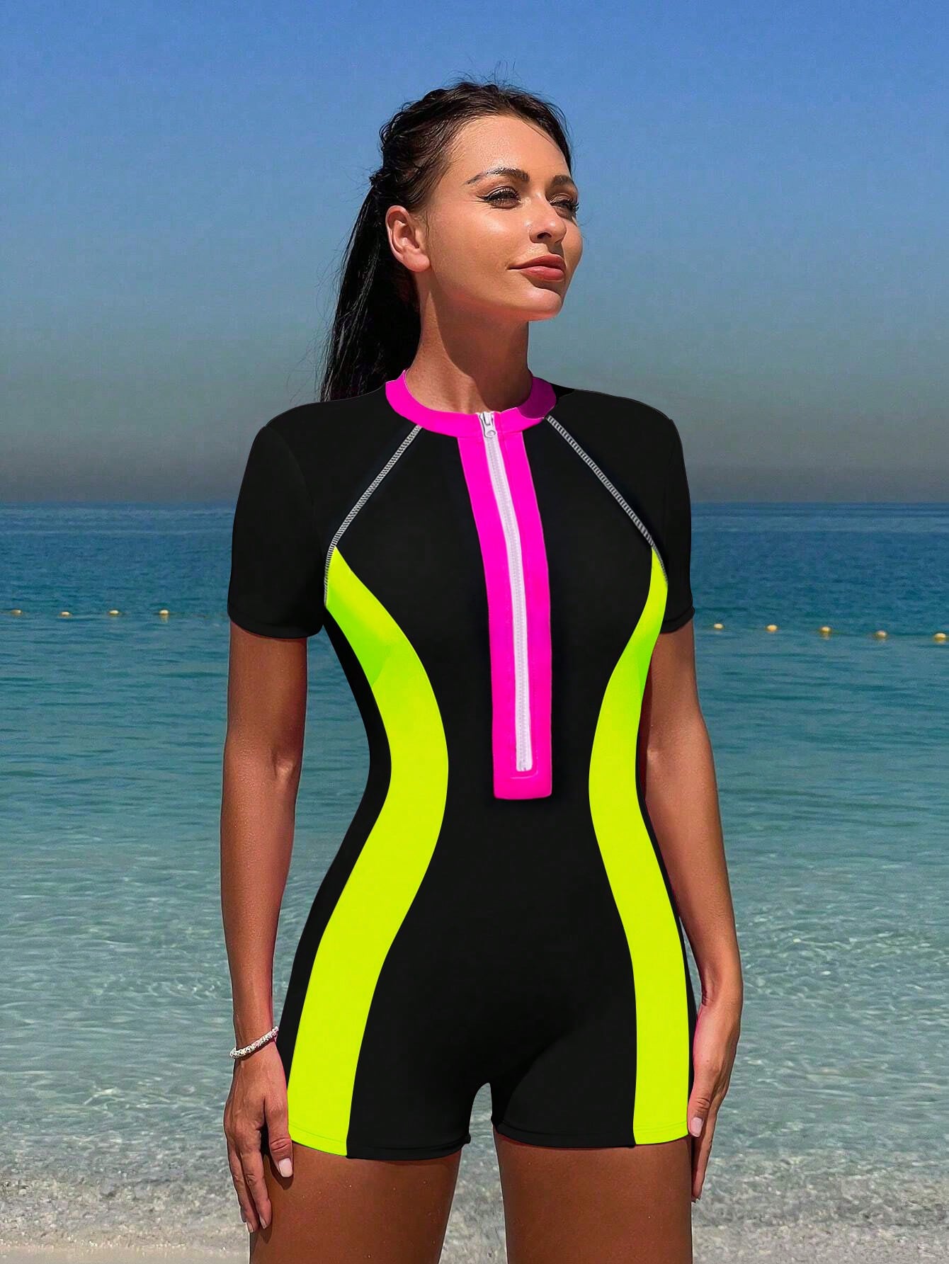 Bikinx Summer Beach Zipper Short Sleeve Surfing Contrast Neon Panel One-Piece Bathing Bella Mia