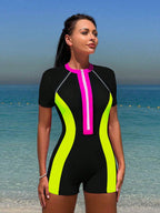Bikinx Summer Beach Zipper Short Sleeve Surfing Contrast Neon Panel One-Piece Bathing Bella Mia