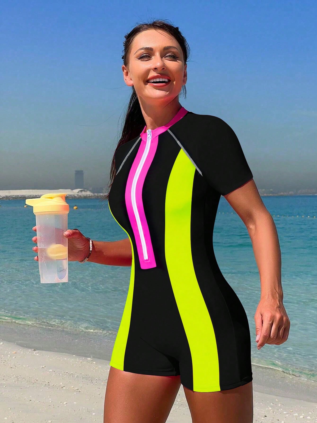 Bikinx Summer Beach Zipper Short Sleeve Surfing Contrast Neon Panel One-Piece Bathing Bella Mia