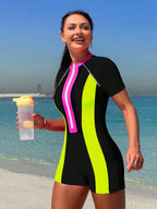 Bikinx Summer Beach Zipper Short Sleeve Surfing Contrast Neon Panel One-Piece Bathing Bella Mia