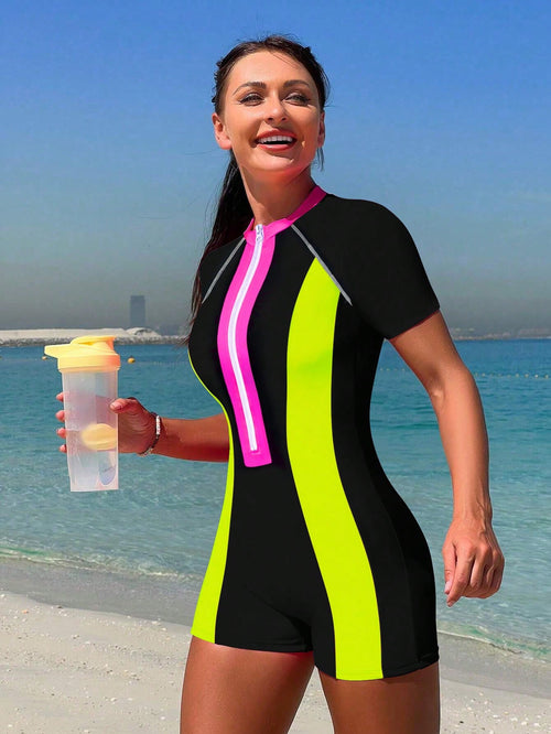 Bikinx Summer Beach Zipper Short Sleeve Surfing Contrast Neon Panel One-Piece Bathing Bella Mia