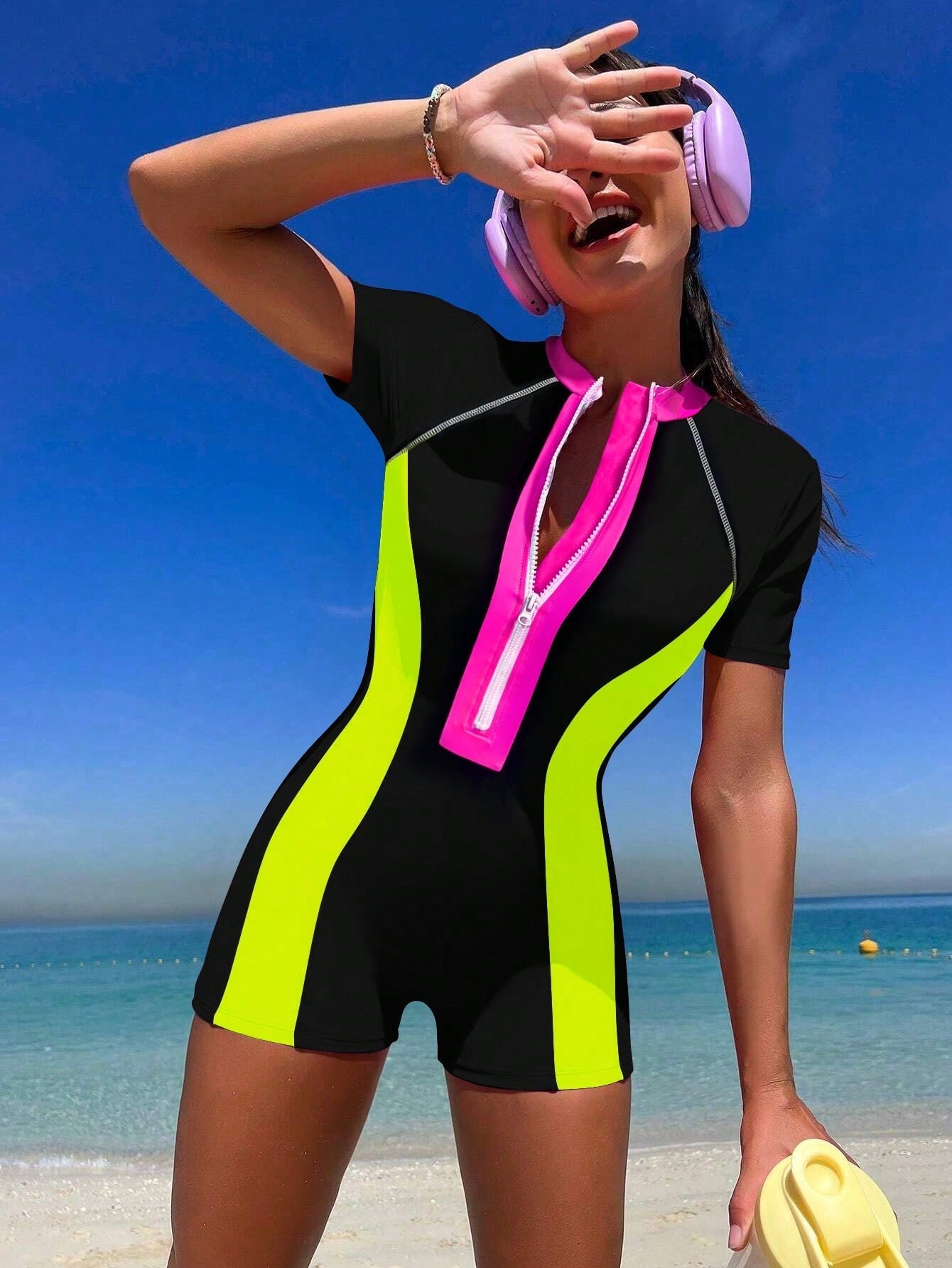 Bikinx Summer Beach Zipper Short Sleeve Surfing Contrast Neon Panel One-Piece Bathing Bella Mia